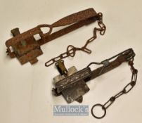 2x Vintage Vermin Gin Traps - hand forged both with 4” jaws^ one c/w brass spring clasp stamped Rd