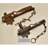 2x Vintage Vermin Gin Traps - hand forged both with 4” jaws^ one c/w brass spring clasp stamped Rd