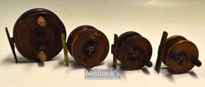Nottingham wooden Strap Back reels^ Various conditions and sizes 2.5” to 3.5” all with twin handles^