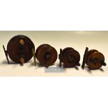 Nottingham wooden Strap Back reels^ Various conditions and sizes 2.5” to 3.5” all with twin handles^