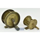 2x Brass crank wind reels to include an unnamed 3 ½” 3x pillar reel with ebony handle^ smooth foot