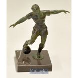 1950s small spelter figure of a footballer about to pass the ball – mounted on square marble