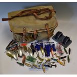 Canvas Fishing Tackle Bag and Selection of Lures with two front pockets^ leather buckle straps^ plus