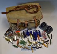 Canvas Fishing Tackle Bag and Selection of Lures with two front pockets^ leather buckle straps^ plus