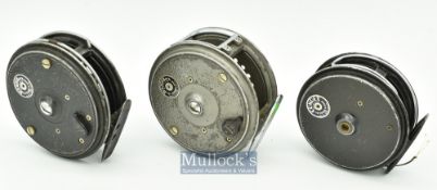 3x various J.W Young & Sons Fly reels - Beaudex 3 1/2” wide rum trout fly reel in grey mottled