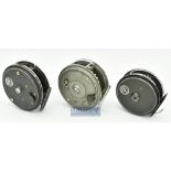 3x various J.W Young & Sons Fly reels - Beaudex 3 1/2” wide rum trout fly reel in grey mottled
