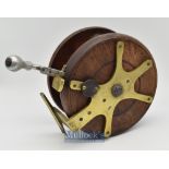 Large wooden and brass Nottingham frog back big game fishing reel 7” dia’ with lever brake^ on off