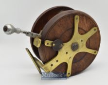 Large wooden and brass Nottingham frog back big game fishing reel 7” dia’ with lever brake^ on off