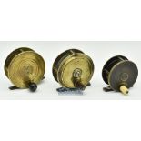 3x brass plate wind reels to include an R Heaton stamped 3” reel with perforated waisted foot^