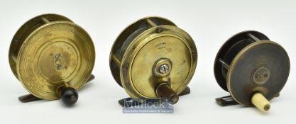 3x brass plate wind reels to include an R Heaton stamped 3” reel with perforated waisted foot^