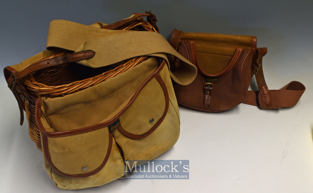 Good Brady of Halesowen wicker and canvas fishing creel with front pouch and two pockets^ leather - Image 2 of 2