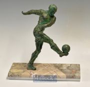 20thc large spelter figure of a football figure volleying the ball - mounted on a long rectangular