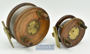 Pair of good Slater style wooden and brass star back combination reels – 4” dia with 4x screw