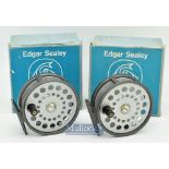 2x Edgar Sealey Redditch Twinfish Deluxe 3 3/8” alloy fly reels one engraved with make and model