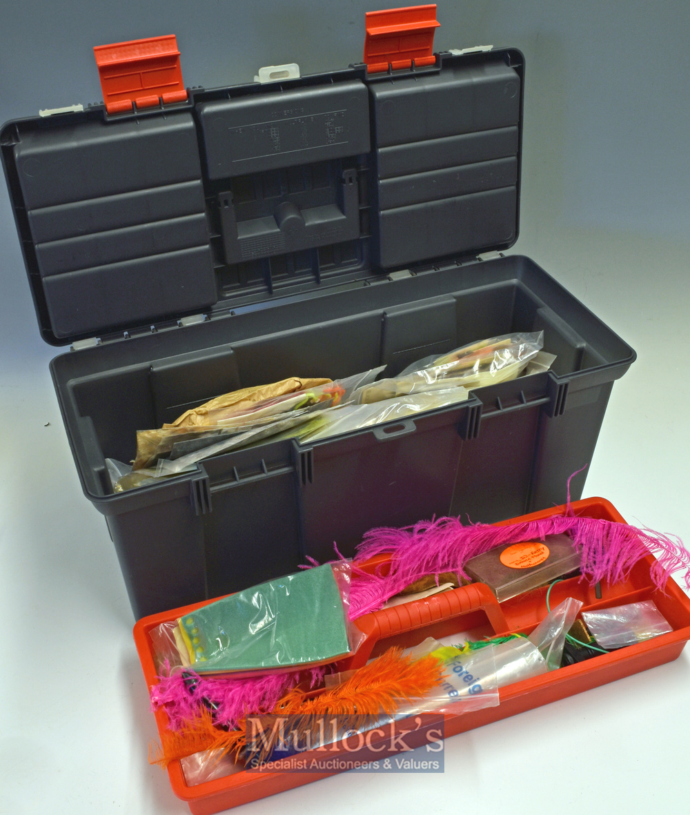 Fishing Tackle box and fly-tying accessories to include a hinge lid box with removable shelf and lid