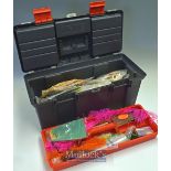 Fishing Tackle box and fly-tying accessories to include a hinge lid box with removable shelf and lid