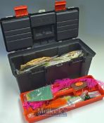 Fishing Tackle box and fly-tying accessories to include a hinge lid box with removable shelf and lid