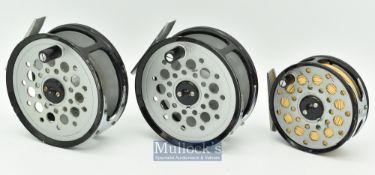 2x Aquarex 400 4” and an Aquarex 325S 3 ¼” alloy fly reels all in black finish^ with U shaped line