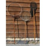 3x Wooden handle single pole landing nets a decorative bamboo with brass ends^ circular head