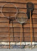3x Wooden handle single pole landing nets a decorative bamboo with brass ends^ circular head