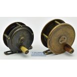 2x London Makers small brass trout fly reels - Eton and Deller Crooked Lane E.C and Bury St^ St
