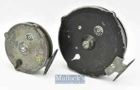 Pair J.W. Young & Sons Trudex centrepin trotting reels - 5 ½” black mottled finish^ narrow^ twin