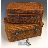 2x Wicker baskets – both with hinged lids and handles (one handle missing) - both with minor