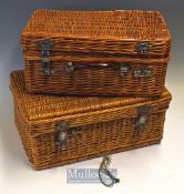 2x Wicker baskets – both with hinged lids and handles (one handle missing) - both with minor