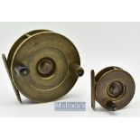 Pair of Matching Struan Patent Brass Salmon and Trout fly reels – 4.5” dia with on/check button c/