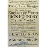 “Trinity Works” Trinity Lane, Beverly, Yorks, 1934 Sale Poster To be sold as a going concern