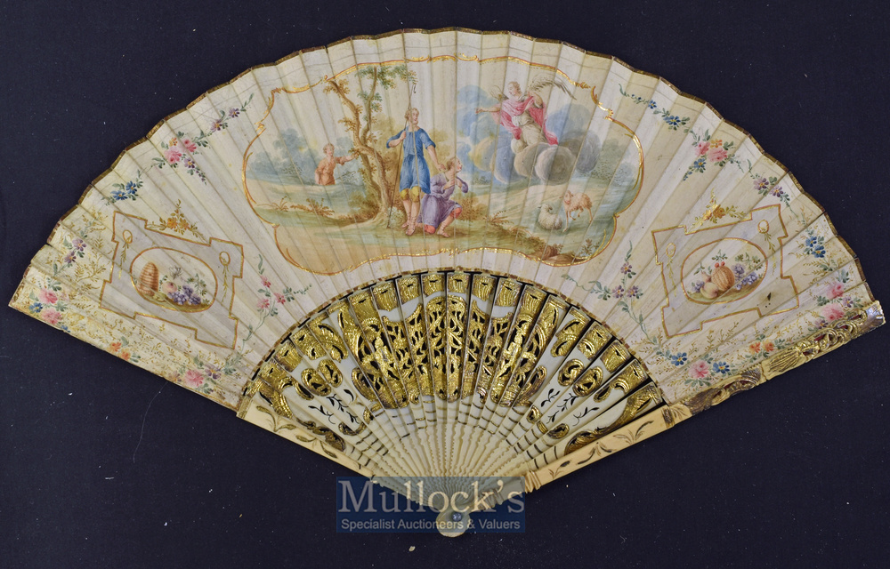 An Early Dutch Folding Fan, c. 1780s A beautiful folding fan with bone pierced and inlaid guards