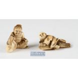 19th century Japanese Carved Ivory Netsukes one of a seated man (A/F) and the other of a child