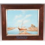 20th century Oil Painting of a Coastal Boat Scene unsigned, in oak frame, painting size 50cm x