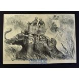 India - Nepal - The Prince of Wales Elephant Charged by a Tiger original double page engraving