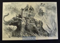 India - Nepal - The Prince of Wales Elephant Charged by a Tiger original double page engraving