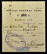 Boer War - Martial Law - Special Pass 1901 Made out for a Miss P. Rivenhall of Waterfall in