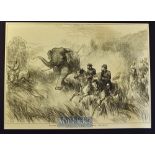 India - Nepal - Two original engravings Hunting a Wild Elephant 34x25cm and Royal Party Chased by