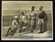India - Rajpoots original woodblock engraving 1876 armed with matchlock and tulwars 24x19cm laid