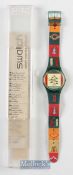 Swatch Poncho GM122 Quartz Wrist Watch with leather strap, housed in maker's box with paper work.