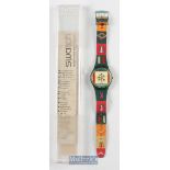 Swatch Poncho GM122 Quartz Wrist Watch with leather strap, housed in maker's box with paper work.
