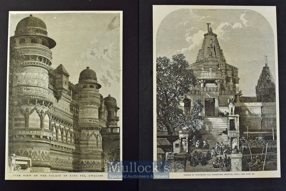 India - Two engravings Temple of Juggonath Rai, Oodeypore Meywar 1868 and Side View of the Palace of