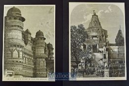 India - Two engravings Temple of Juggonath Rai, Oodeypore Meywar 1868 and Side View of the Palace of