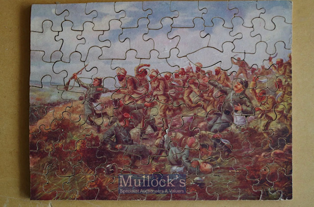 Original WWI solid wood puzzle of a Sikh platoon charging German trench. Complete with all 80 pieces