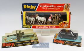 Three Dinky Toys Boxed Diecasts 625 6 Pounder Anti-Tank Gun with 3 bullets, 284 London Taxi and