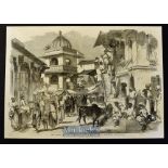 India - The Bazaar Oodipoor Rajpootana original engraving 1858 from a drawing by W. Carpenter with