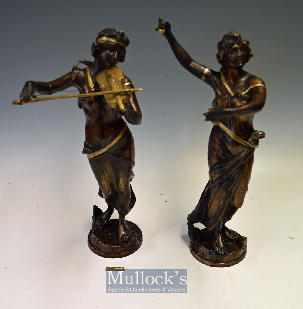 Pair Spelter Female Musicians – Featuring one playing the castanets and the other playing the violin