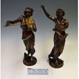Pair Spelter Female Musicians – Featuring one playing the castanets and the other playing the violin