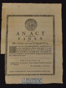 1653 Scarce Commonwealth Broadside Act – 2nd August Parliament: An Act for taking away fines upon