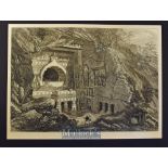 India - Buddhist Rock-Cut Temple, Ajunta 1876 original engraving with text information to reverse,