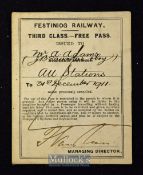 Festiniog Railway “Free Pass” 1911 Made out to Mr. A. Adams, J.B. Saunders and a boy. 3rd Class Free